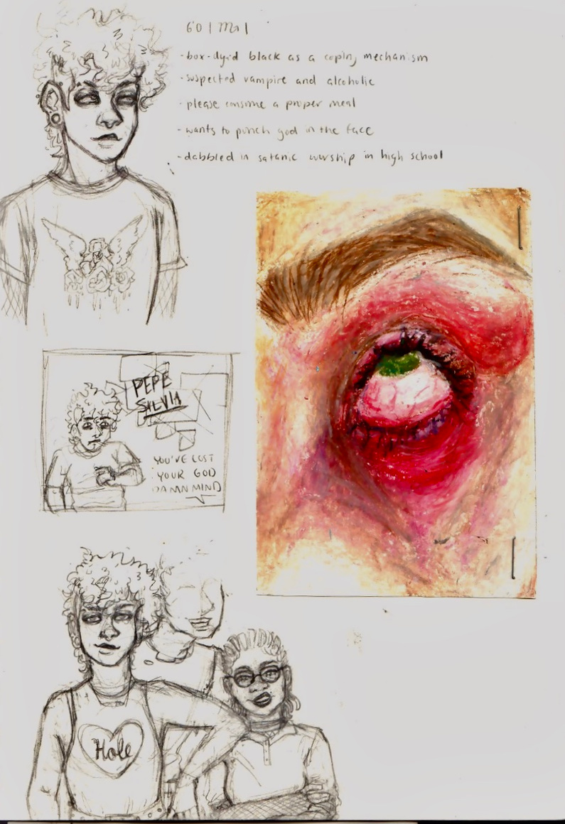 top: bust of a punk trans character with a mohawk
middle: character drawn in a meme, oil pastel study of an eye with red makeup
bottom: character resting her arm on the shoulder of a shorter girl with braids and glasses