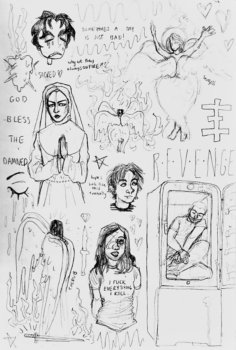collage style page of angels, nuns, sacred hearts, self portraits, and wounded people