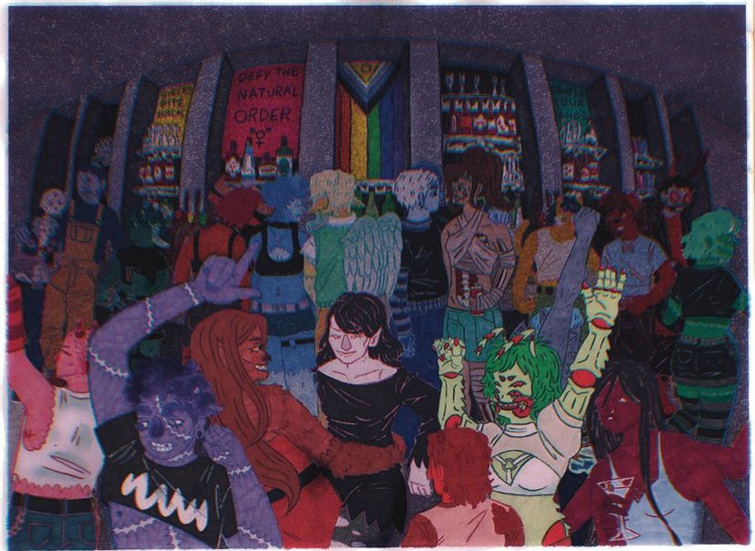 Landscape illustration of a party scene in a mythological queer bar. Characters interacting perspective dance and drink including vampires, werewolves, and other monsters.