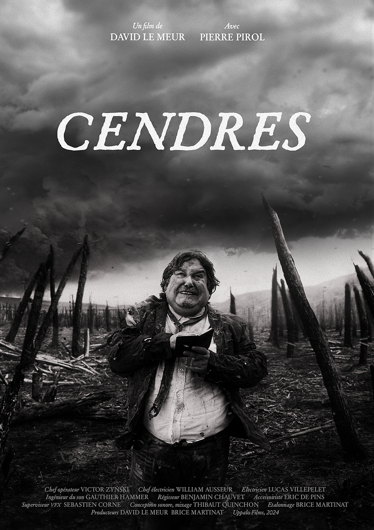 Official poster of Cendres (Ashes) short film by David Le Meur (2024) with actor Pierre Pirol — Cinematography Victor Zyński