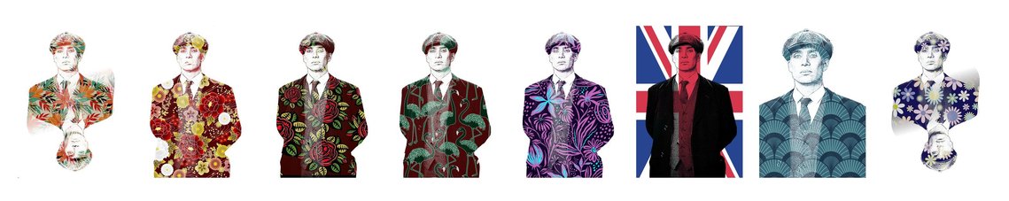 A selection of Peaky Blinders art prints with colourful and unusual patterns. Tommy Shelby pop art gift.