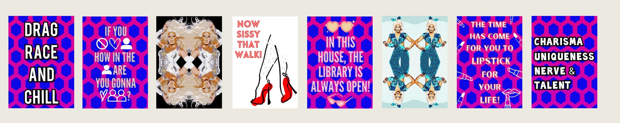 A banner with a few Drag Race and RuPaul-themed pop art designs
