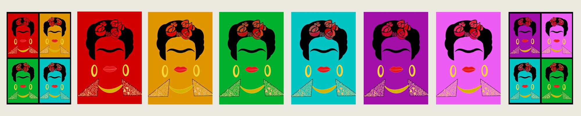 Collection of colourful, minimalist-style pop art prints inspired by Frida Kahlo's self-portraits.