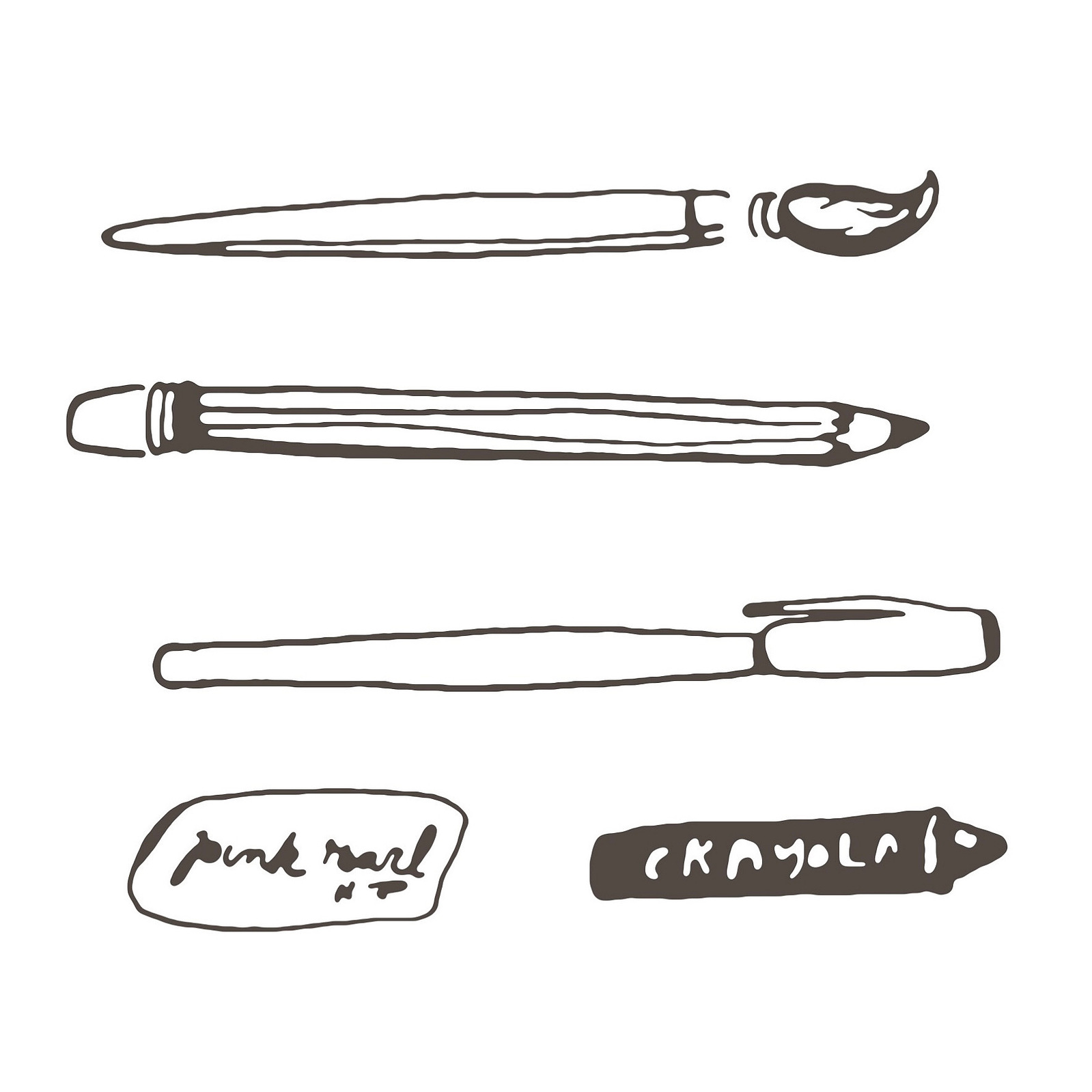 This is a simple black and white drawing of a paintbrush, pencil, pen, Pink Pearl eraser and Crayon Crayon, all lying horizontal. They are black line drawings with a white backdrop. 