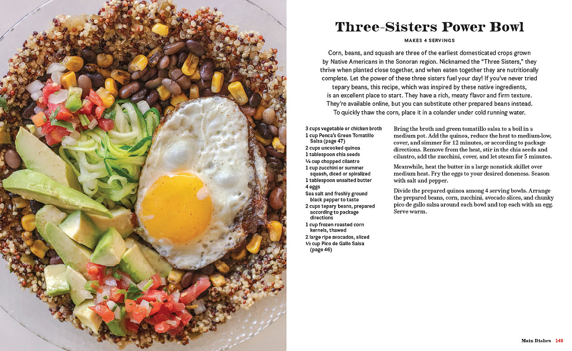 Recipe for Three Sisters Power Bowl from the Taste of Tucson cookbook by Sonoran food expert, recipe developer and food photographer Jackie Alpers. 