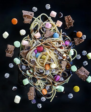 Buddy the Elf Pasta recipe from The Unofficial Elf Cookbook by Jackie Alpers wins food photography award for a festive, deconstructed photo of  Buddy's Breakfast Spaghetti. 