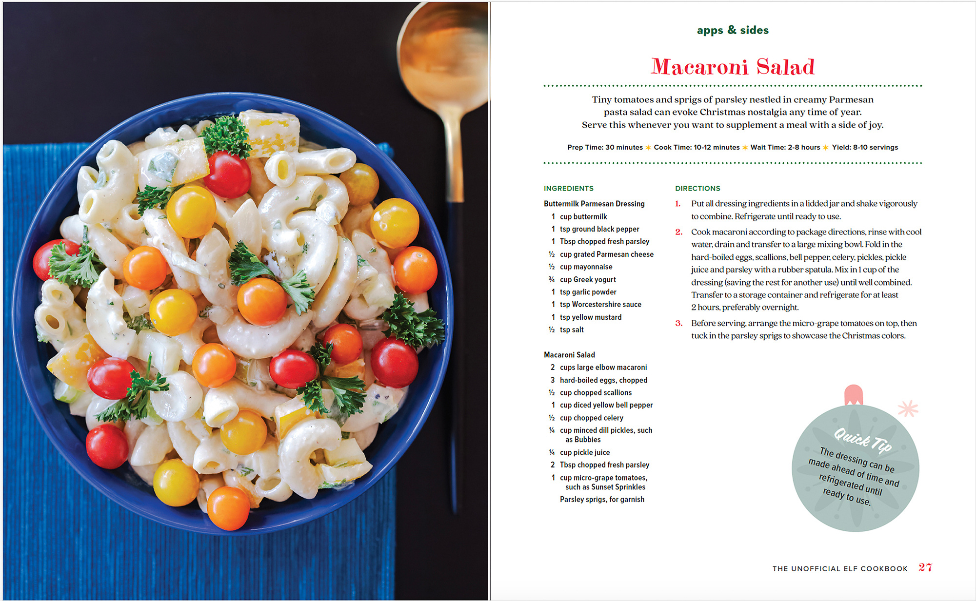 Christmas in July Macaroni Salad recipe from The Unofficial Elf Cookbook by Jackie Alpers. Inspired by the Christmas movie, 