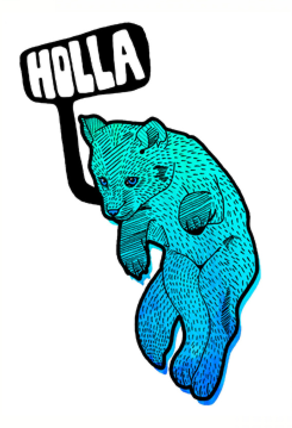 Digital illustration of a blue jumping fox with a speech bubble reading 'Holla'. Created by illustrator Mike Hazard.