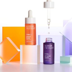 Superfacialist Vitamin C brighten booster and retinol + anti ageing booster surrounded by acrylic shapes. Photographed and styled by cosmetic photographer Tom Hargreaves in his studio in Exeter, Devon