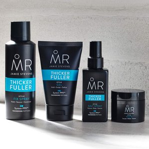 Mr Jamie Stevens thicker fuller range on bathroom shelf. Photographed and styled by cosmetic photographer Tom Hargreaves in his studio in Exeter, Devon