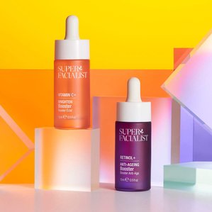 Superfacialist Vitamin C brighten booster and retinol + anti ageing booster surrounded by acrylic shapes. Photographed and styled by cosmetic photographer Tom Hargreaves in his studio in Exeter, Devon