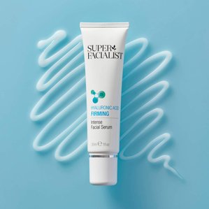 Superfacialist Hyaluronic acid firming facial serum on top of zig zag style product swatch. Photographed and styled by cosmetic photographer Tom Hargreaves in his studio in Exeter, Devon