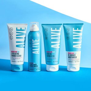 Alive range of magnesium plus shower products. Photographed and styled by cosmetic photographer Tom Hargreaves in his studio in Exeter, Devon