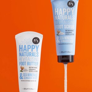 Happy Naturals Sea Minerals and ginger root foot scrub and butter. Photographed and styled by cosmetic photographer Tom Hargreaves in his studio in Exeter, Devon