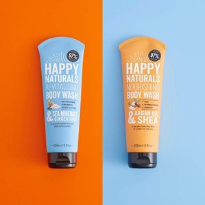 Happy Naturals body washes. Photographed and styled by cosmetic photographer Tom Hargreaves in his studio in Exeter, Devon