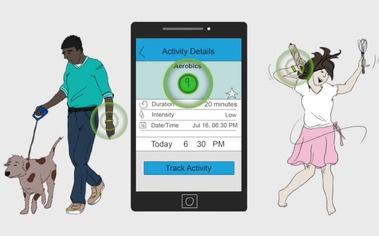 Mobile App Illustration with Healthy Activities: Man Walking Dog and Woman Dancing with Whisk
This illustration shows a mobile app balanced with healthy activities on both sides of the phone, featuring a man walking his dog and a woman dancing with a whi