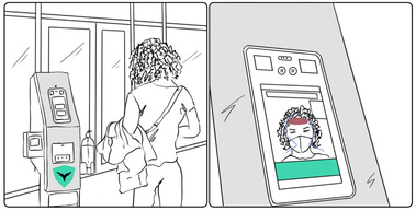 Illustration of a woman entering an airport and being scanned by Turing AI technology for temperature and check-in information. This image highlights the advanced use of artificial intelligence for health and security screening at modern airports.