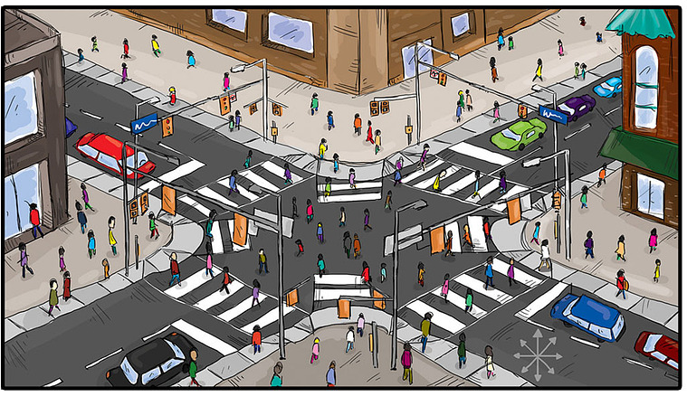 Smart Intersection Illustration of Yonge and Dundas Square for Toronto Star Feature
This illustration for a Toronto Star feature depicts the smart intersection at Yonge and Dundas Square, highlighting the area's bustling activity and modern infrastructur