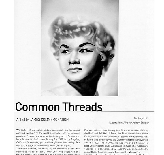 Etta James editorial illustration hand painted digitally in black and white for a strong visual impact