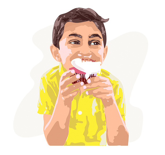 Vector illustration of a child eating a cupcake, designed in a layered style for shopping center branding. This playful artwork enhances the brand’s family-friendly appeal with vibrant colors and whimsical details.