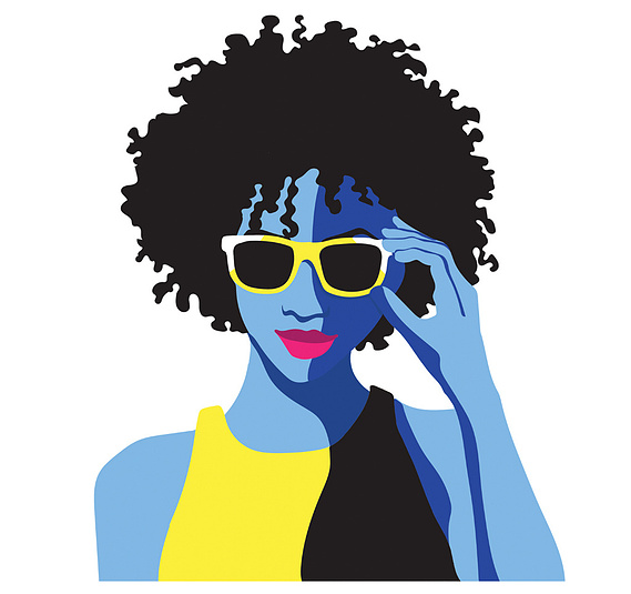 Vector illustration of a Black woman with an afro, representing the vibrant pop era, created for shopping center branding. The bold and stylish design highlights diversity and modern appeal.