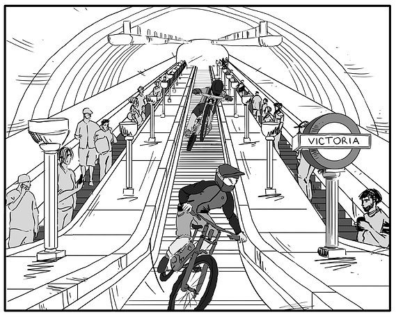 Urban Playground: An Expanded View Shows a BMX Biker in Ben Sherman's Latest Clothing Line Cruising Through Bustling Victoria Station