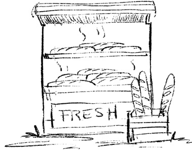 Black and White Sketch of a Baguette Stand with Freshly Baked Bread on Shelves – Perfect for Bakery Websites and Promotional Materials.