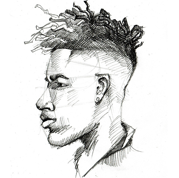 Black and White Portrait Illustration of a Black Man in Profile View – Developed with a Cross-Hatching Technique for a Distinctive Artistic Style.