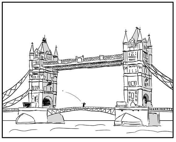 Black and White Line Art Illustration of Tower Bridge in London, UK – Created for a Ben Sherman Advertisement Storyboard.