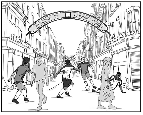 Black and White Line Art Illustration of Football/Soccer Players on Carnaby Street in London – Storyboard Created for Ben Sherman Campaign.