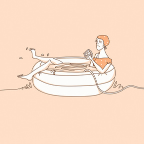 Monochromatic Vector Illustration of a Woman in a Swimsuit and Bathing Cap Sitting in a Blow-Up Mini Pool – Designed for a Swimsuits Direct Ad Campaign.