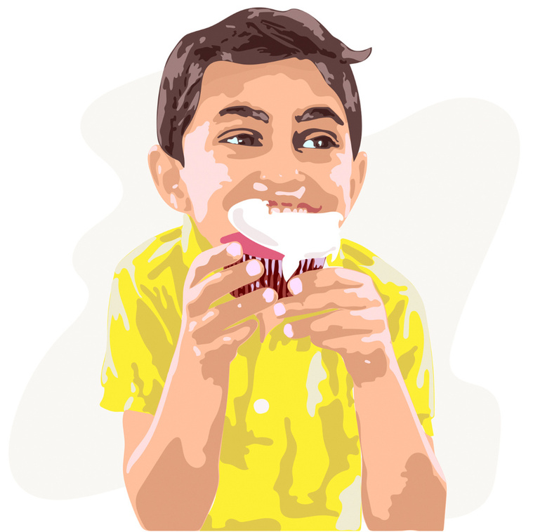 Vector Illustration of a Boy Eating a Cupcake – Layered Color Technique Creates Depth and Visual Appeal for This Playful Design.