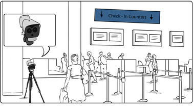 Storyboard Illustration in Line Art Style with Minimal Corporate Branding Colors – Depicting Passengers Boarding a Flight for a Corporate External Pitch.