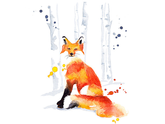 Watercolor Illustration of an Orange Fox Sitting in a Birch Bark Forest – Layered Technique for Organic, Nature-Inspired Design. Ideal for Marketing Materials and Album Cover Art.
