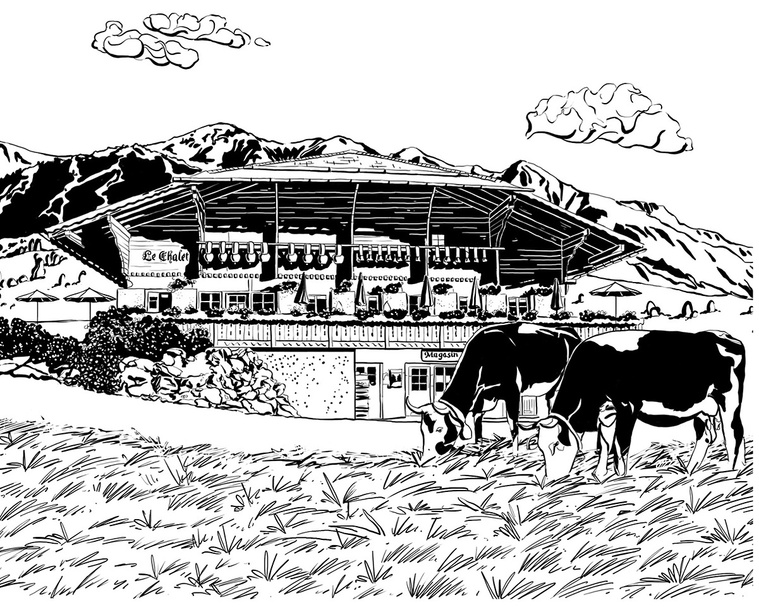 Black and white linocut illustration of a Swiss chalet, surrounded by rolling hills and mountains. Used for a rebranding project.