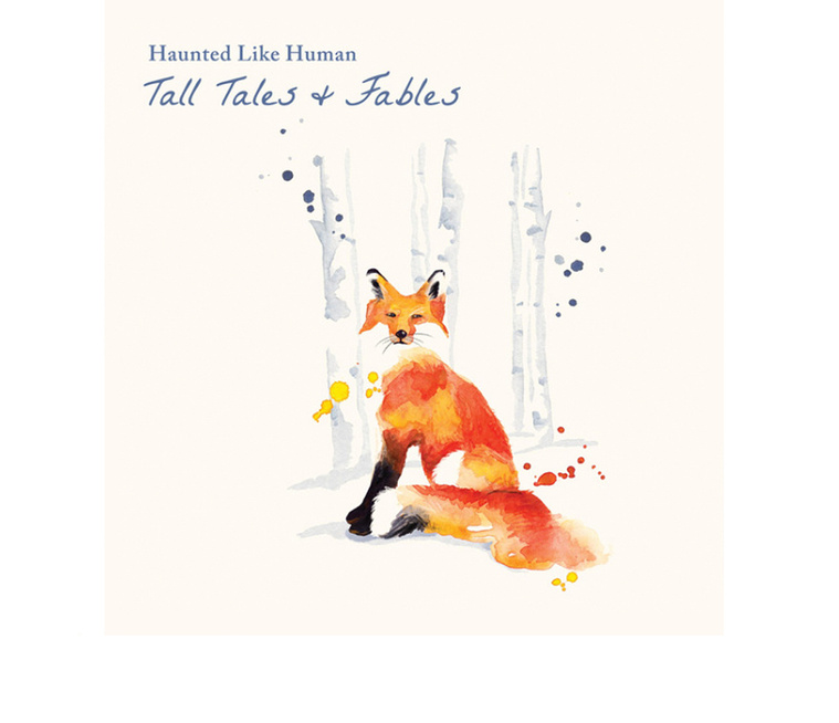 A vibrant watercolor album cover featuring a fox sitting in a birch bark forest. The artwork's title, 