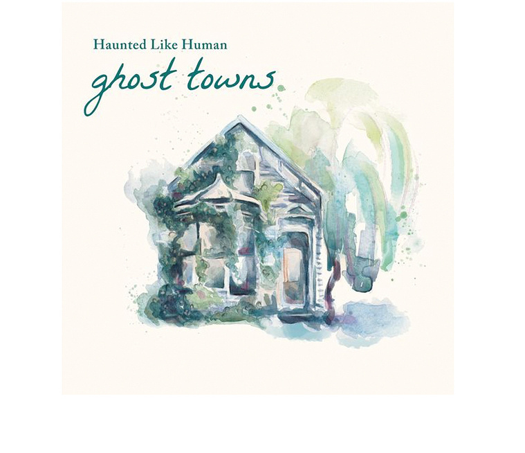 
A captivating watercolor album cover depicting a ghost town overrun by nature, titled 