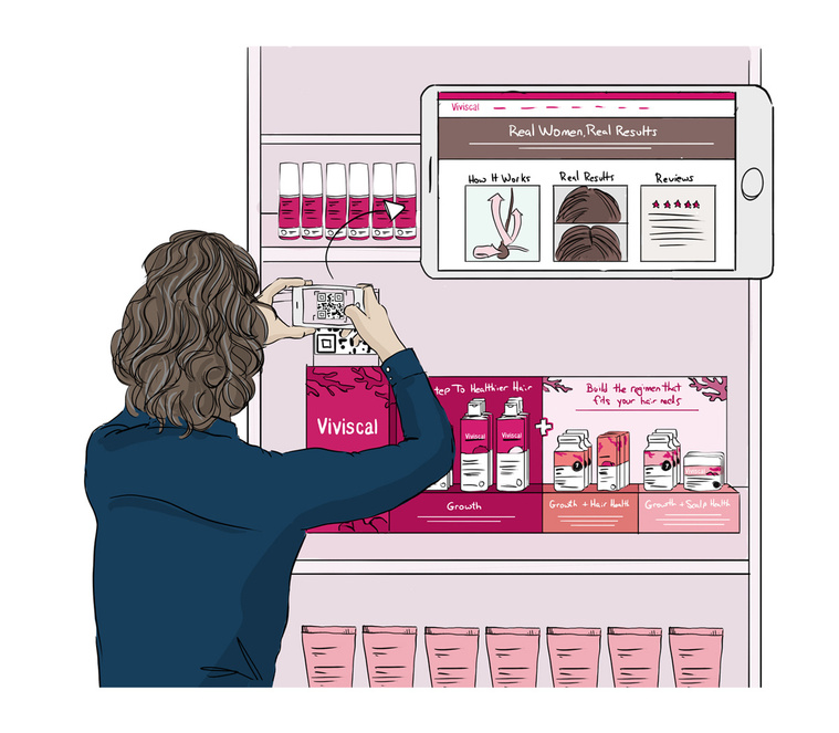 A vibrant product illustration showcasing Viviscal and a customer scanning a QR code for more information. This highlights the omnichannel success of high-tech and AI companies, demonstrating the power of integrated marketing.
