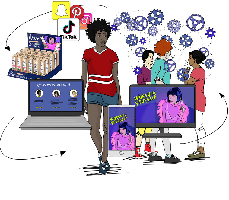 An omnichannel illustration for Church & Dwight's Nair, showcasing a Black woman surrounded by the brand's marketing efforts. This visually engaging image highlights the comprehensive approach to reaching consumers.