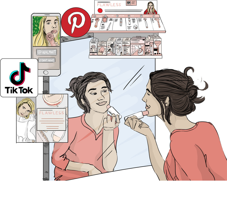 An omnichannel illustration for Church & Dwight's Flawless, showcasing a woman applying makeup while surrounded by successful marketing efforts. This visually engaging image highlights the brand's comprehensive approach to reaching consumers.