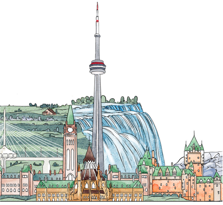 Watercolor and ink illustration of Canadian landmarks, including Parliament Buildings and Niagara Falls, used in a global rebranding initiative.
