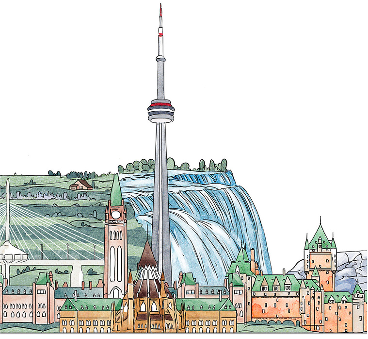 Watercolor and ink illustration of Canadian landmarks, including Parliament Buildings and Niagara Falls, used in a global rebranding initiative.