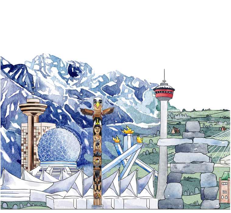 Watercolor and ink illustration of Western Canadian culture, featuring native heritage and iconic landscapes. Used for global marketing and advertising purposes.