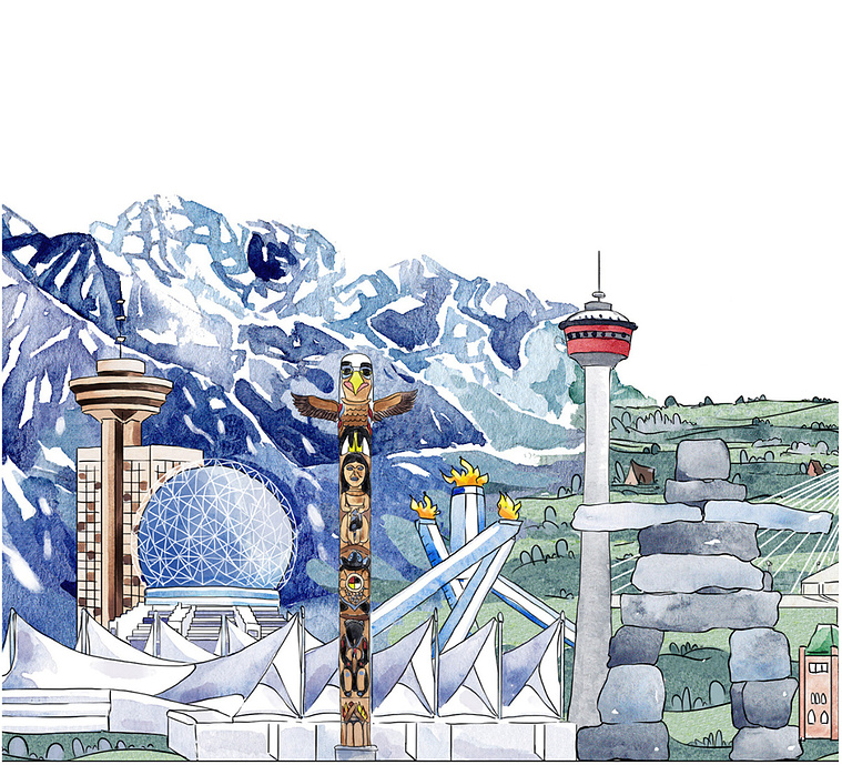Watercolor and ink illustration of Western Canadian culture, featuring native heritage and iconic landscapes. Used for global marketing and advertising purposes.