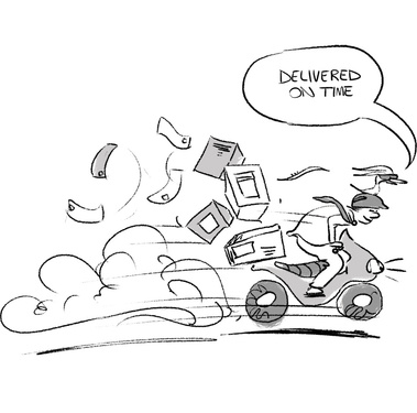 Simple black and white illustration featuring a humorous cartoon about delivering packages on time. This SEO-optimized image showcases a playful and engaging design, perfect for conveying timely delivery in a lighthearted manner.