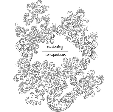Black and white mandala illustration created for a coloring book on curiosity. This image emphasizes intricate patterns and detailed designs, promoting mindfulness and exploration through colouring.