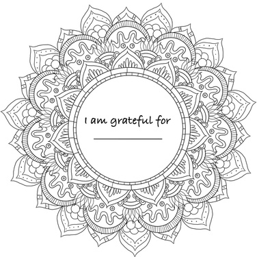 Black and white mandala illustration designed for a gratitude-themed coloring book. This image features intricate patterns that encourage mindfulness and reflection on gratitude while coloring.
