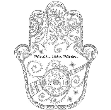 Black and white mandala illustration titled 'Pause then Parent,' created with intricate details for a coloring book. This design promotes mindfulness and relaxation through coloring.
