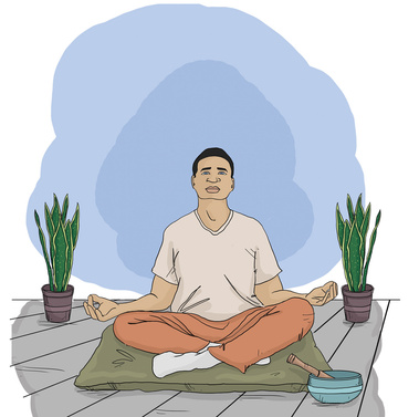 Illustration of a man meditating with snake plants behind him. This image highlights a serene and calming environment, emphasizing the benefits of meditation and indoor greenery for relaxation and well-being.