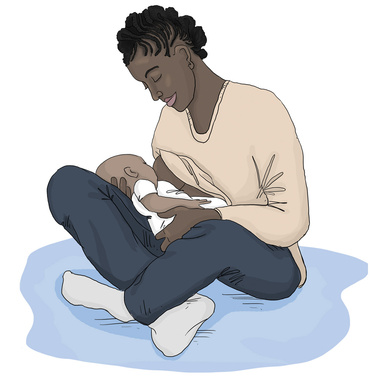 Illustration of a Black woman breastfeeding peacefully. This image emphasizes the natural and nurturing aspect of breastfeeding, promoting the importance of maternal care and bonding.